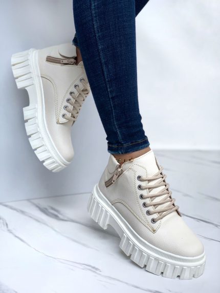 Botas piel boston gamuza suela dentada con cordones y ziper lateral blanco