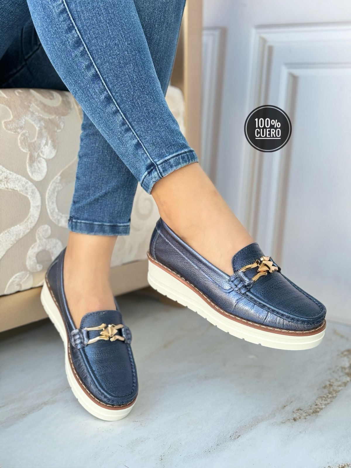 Cuero confort meter plantilla alta hebilla decorativa azul Cuero confort meter plantilla alta hebilla decorativa azul - Imagen 1