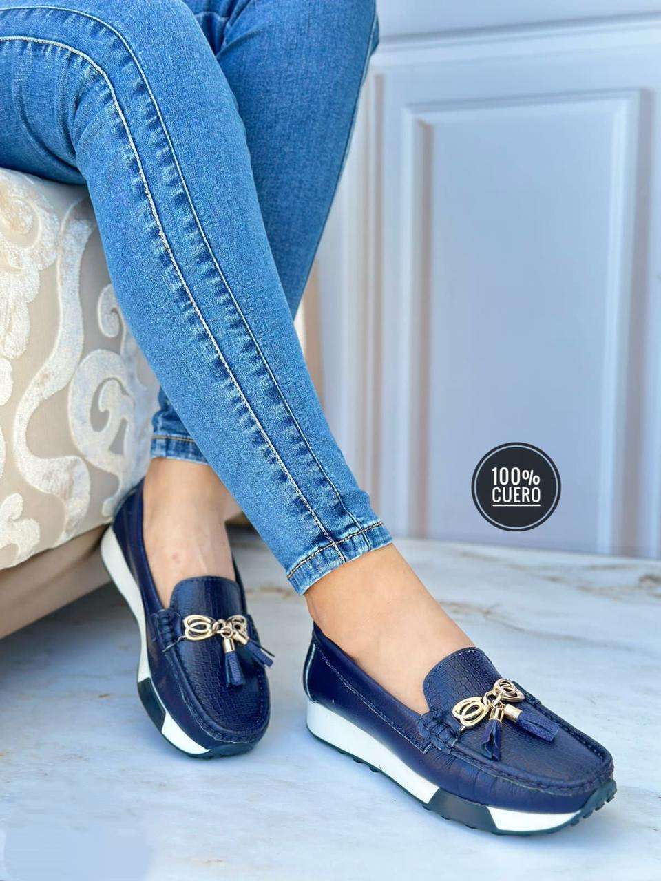 Cuero confort meter textura reptil borlas hebilla doble círculos azul Cuero confort meter textura reptil borlas hebilla doble círculos azul - Imagen 1