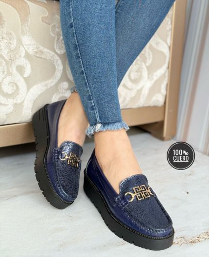 Cuero confort plataforma hebilla cuadrado laberinto azul