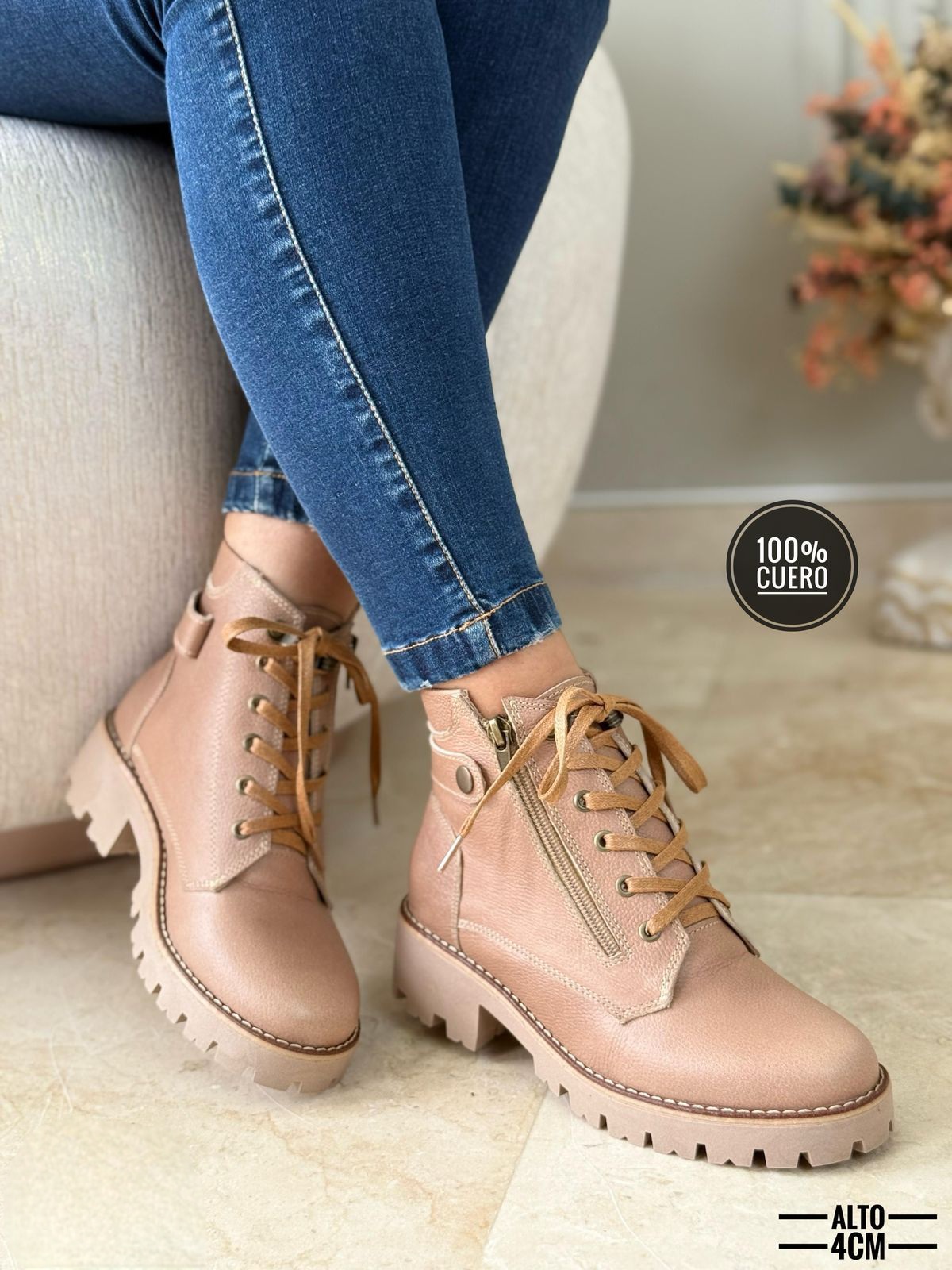 Cuero genuino ziper lateral cordones frente cafe claro Cuero genuino ziper lateral cordones frente - Imagen 1