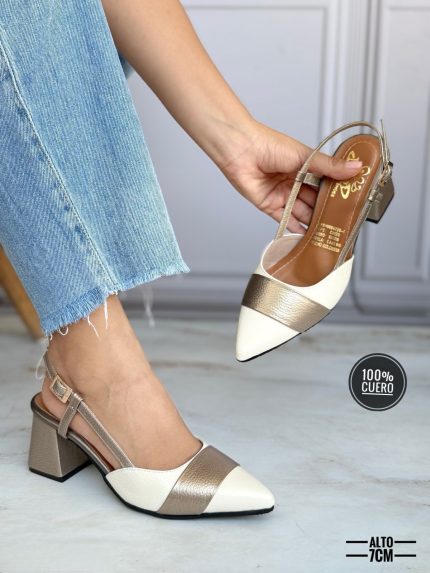 Tacones puntiagudos con una franja delantera de color y con una faja posterior con hebilla